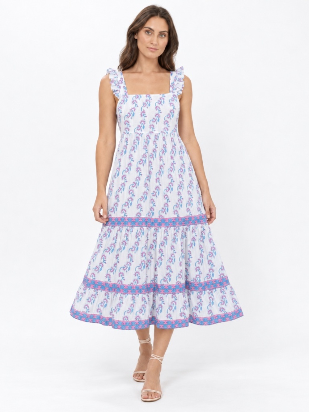 Tuckernuck Oliphant Floral Tiered Cotton Midi Dress Ruffle Strap Purple Blue